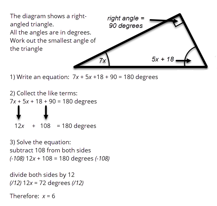 Diagram shows a right angled triangle. All the angles are in degrees, and the user is asked to work out the smallest angle of the triangle using an equation. The information provided is that one corner is 90 degrees, and the other corner is 7x; this information should be used to calculate the missing angle using the equation 7x+5x+18+90=180